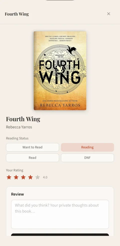 The Giltmark iOS app: Fourth Wing's book page with cover, reading status, a four-star rating, and a review field.