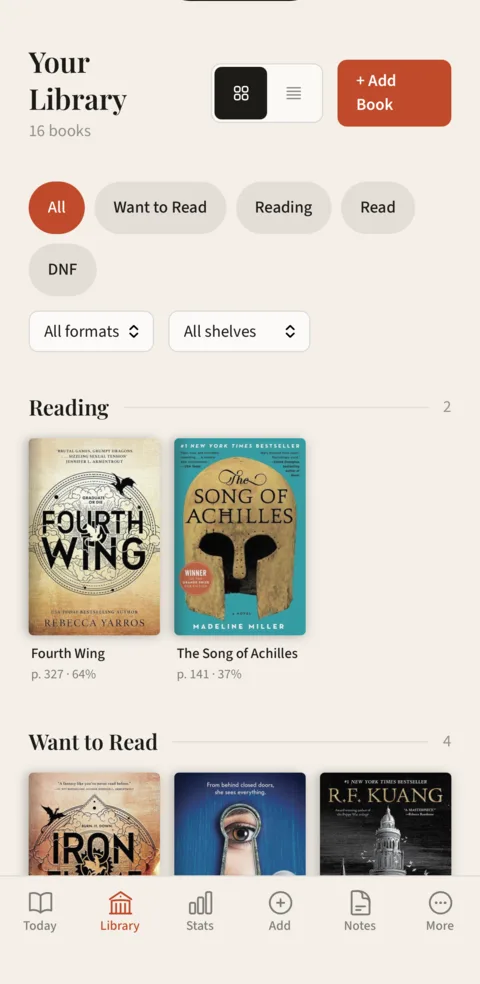 The Giltmark iOS app: the library with shelves for Reading and Want to Read, book covers, and reading progress.