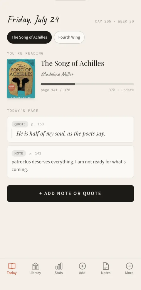 The Giltmark iOS app: the Today screen with a handwritten date, The Song of Achilles at page 141 of 378, a saved quote and margin note, and tabs for Today, Library, Stats, Add, Notes, and More.